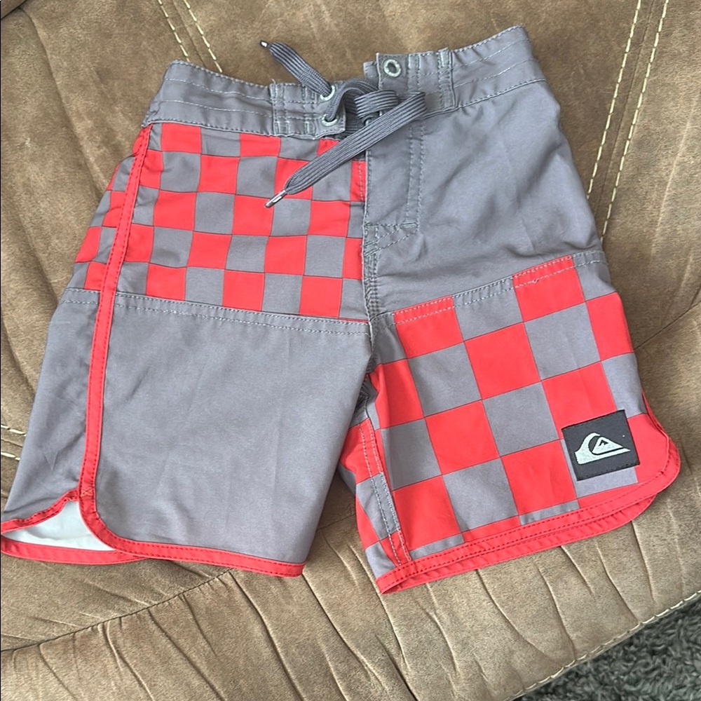 Quiksilver Kids Gray and Red Checkered Shorts